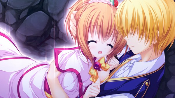 Anime picture 1920x1080 with justy nasty whirlpool (studio) kamui mikaru mikagami mamizu highres short hair open mouth blonde hair wide image game cg eyes closed orange hair couple hug girl dress boy