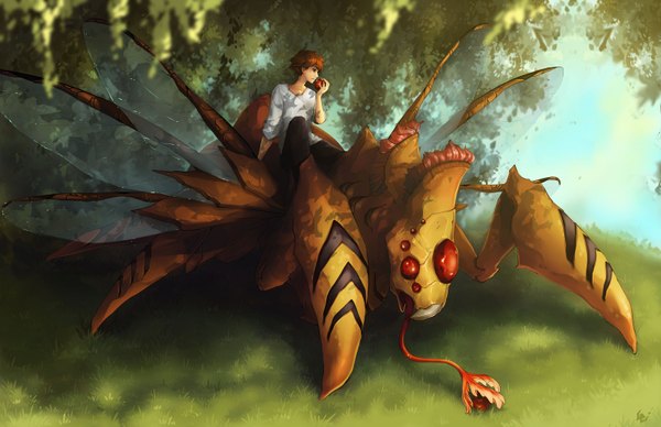 Anime picture 1600x1035 with original unodu single short hair red eyes sitting red hair eating boy plant (plants) wings tree (trees) apple bug