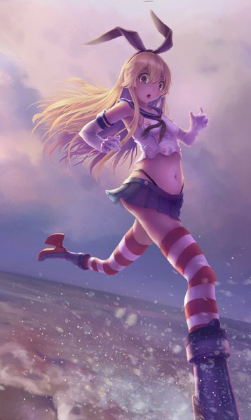 Anime picture 970x1624 with kantai collection shimakaze destroyer jay xu long hair tall image looking at viewer fringe open mouth blonde hair standing bare shoulders brown eyes sky cloud (clouds) bent knee (knees) pleated skirt bare belly girl thighhighs skirt