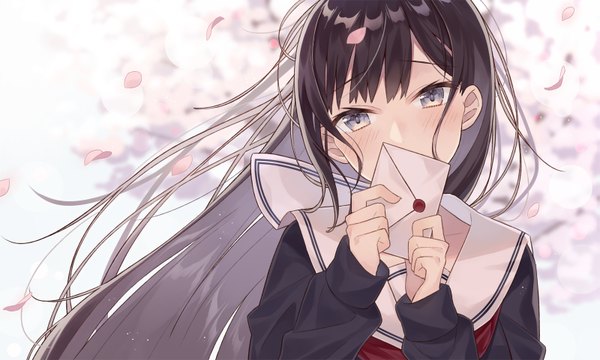 Anime picture 1599x962 with original nagitoki single long hair looking at viewer blush fringe black hair wide image holding upper body long sleeves head tilt wind blurry grey eyes depth of field cherry blossoms covered mouth spring