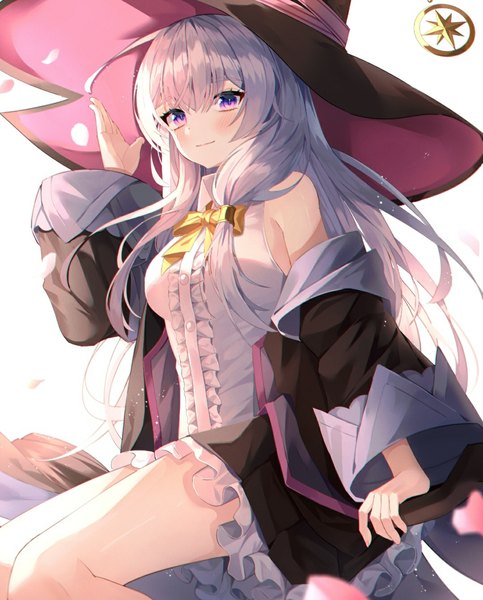 Anime picture 1080x1342 with majo no tabitabi elaina (majo no tabitabi) minttchocok single long hair tall image looking at viewer blush white background purple eyes silver hair arm up broom riding girl hat petals frills witch hat hair tubes broom