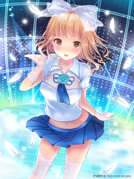 Anime picture 640x853 with ilog ichinomiya ichigo occhan single tall image looking at viewer blush fringe short hair open mouth blonde hair standing brown eyes pleated skirt bare belly wavy hair girl thighhighs skirt gloves