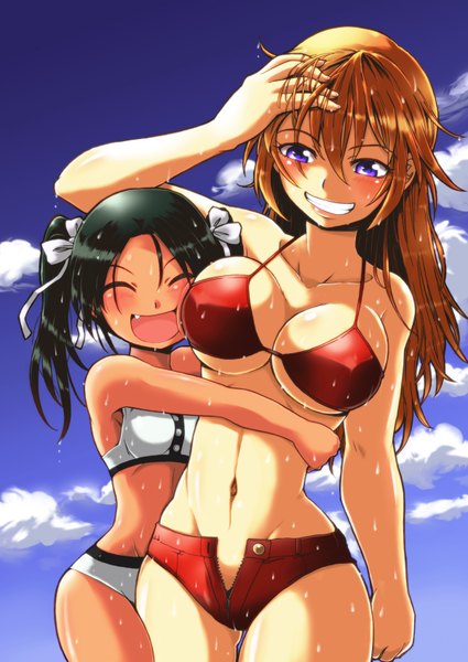 Anime picture 1200x1694 with strike witches francesca lucchini charlotte e yeager zatou (kirsakizato) long hair tall image blush breasts open mouth light erotic black hair blonde hair smile purple eyes twintails multiple girls sky cloud (clouds) eyes closed teeth