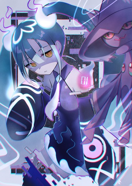 Anime picture 1448x2048 with pokemon vocaloid nintendo project voltage hatsune miku mismagius ghost miku (project voltage) murumuru (pixiv51689952) single tall image looking at viewer fringe hair between eyes twintails yellow eyes payot long sleeves very long hair aqua hair shaded face