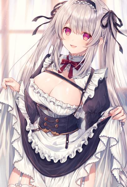 Anime picture 1020x1500 with original me meel single long hair tall image breasts open mouth light erotic large breasts twintails looking away cleavage silver hair :d pink eyes maid girl uniform ribbon (ribbons) hair ribbon