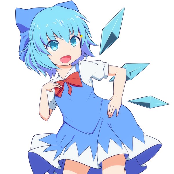 Anime picture 3000x3000 with touhou cirno shikabane homura single highres short hair open mouth blue eyes simple background smile white background blue hair short sleeves puffy sleeves hand on hip girl dress wings bowtie blue dress