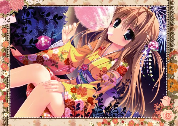 Anime picture 3500x2475 with prismatic world (artbook) shiramori yuse single long hair looking at viewer blush highres blue eyes brown hair sitting absurdres traditional clothes japanese clothes hair flower scan eating girl hair ornament flower (flowers) food