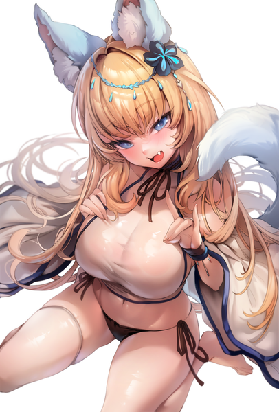 Anime picture 2300x3400 with original zerocat single long hair tall image looking at viewer blush fringe highres breasts open mouth blue eyes light erotic simple background blonde hair large breasts white background sitting bare shoulders animal ears