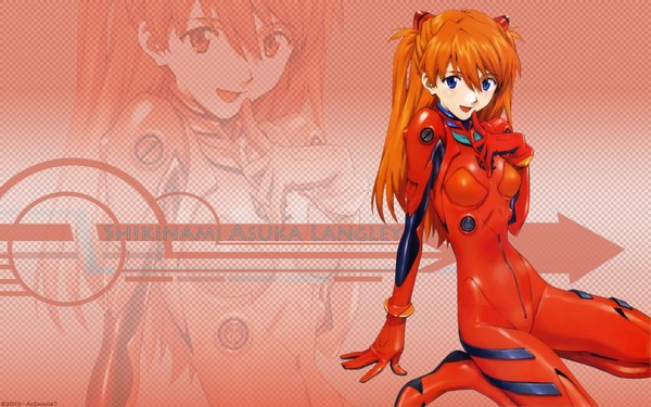 Anime picture 1680x1050 with neon genesis evangelion gainax shikinami asuka langley single blue eyes wide image orange hair zoom layer girl bodysuit pilot suit