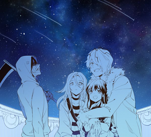 Anime picture 900x816 with satsuriku no tenshi ib (game) garry (ib) ib (ib) ray (satsuriku no tenshi) zack (satsuriku no tenshi) rnia (artist) long hair fringe short hair open mouth multiple girls profile hair over one eye night multiple boys night sky hug monochrome looking up