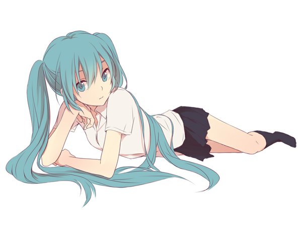 Anime picture 1050x799 with vocaloid hatsune miku teti single long hair looking at viewer fringe blue eyes white background twintails blue hair legs reclining girl miniskirt socks black socks