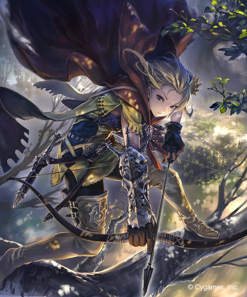 Anime picture 1000x1200 with shingeki no bahamut hisakata souji single tall image blue eyes blonde hair holding looking away bent knee (knees) leaning fighting stance girl gloves weapon plant (plants) tree (trees) boots scarf armor hood