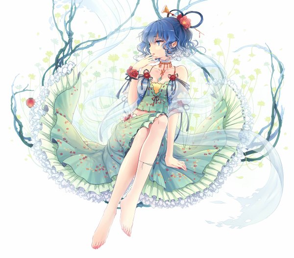 Anime picture 1277x1125 with touhou kaku seiga kieta single short hair breasts blue eyes large breasts white background bare shoulders blue hair looking away profile barefoot hair flower crossed legs floral print drill hair finger to mouth girl