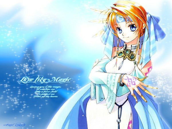 Anime picture 1024x768 with original shiina yuu single short hair blue eyes simple background smile orange hair tattoo wallpaper blue background girl dress detached sleeves hairband white dress feather (feathers)