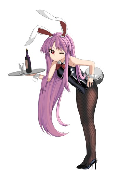 Anime-Bild 1428x2048 mit touhou reisen udongein inaba keiki8296 single long hair tall image looking at viewer light erotic simple background red eyes standing white background animal ears pink hair full body tail animal tail one eye closed high heels leaning