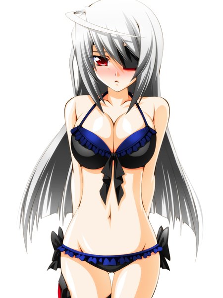 Anime picture 768x1024 with infinite stratos 8bit laura bodewig engo (aquawatery) single long hair tall image blush breasts light erotic simple background red eyes large breasts white background silver hair ahoge grey hair embarrassed thigh gap groin