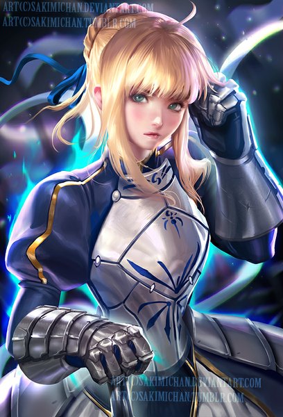 Anime picture 612x900 with fate (series) fate/stay night type-moon artoria pendragon (all) saber sakimichan single tall image looking at viewer blush blonde hair holding green eyes ahoge parted lips realistic puffy sleeves watermark glow girl