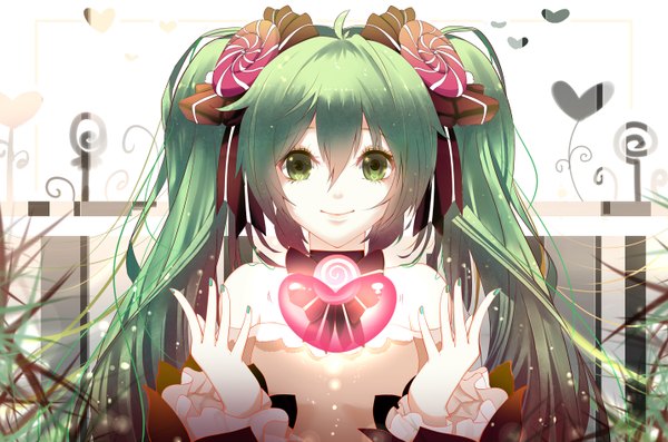 Anime picture 1432x948 with vocaloid hatsune miku phino (jinko0094) single long hair smile white background twintails bare shoulders green eyes nail polish green hair girl dress bow hair bow frills