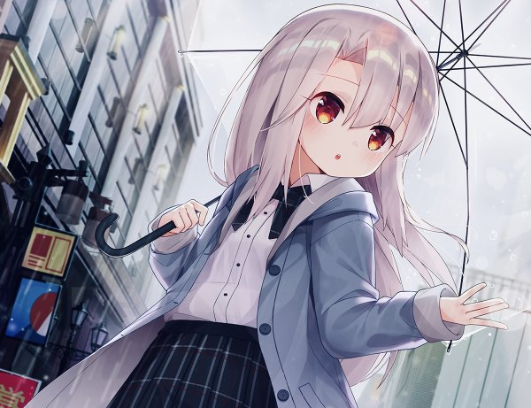 Anime picture 1200x922 with fate (series) fate/kaleid liner prisma illya illyasviel von einzbern taku michi single long hair blush fringe open mouth hair between eyes red eyes standing holding looking away white hair open clothes :o loli city plaid skirt