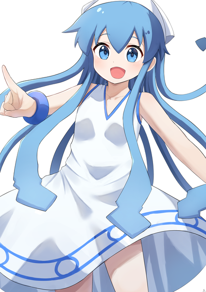 Anime picture 2480x3508 with shinryaku! ika musume ika musume aftamc single long hair tall image fringe highres open mouth blue eyes simple background hair between eyes standing white background blue hair looking away :d sleeveless pointing tentacle hair