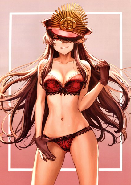 Anime picture 6814x9620 with fate (series) fate/grand order oda nobunaga (fate) (all) oda nobunaga (fate) mashuu (neko no oyashiro) single long hair tall image looking at viewer fringe highres breasts light erotic simple background smile red eyes brown hair standing payot absurdres