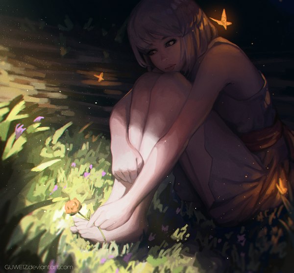 Anime picture 900x836 with guweiz single fringe short hair brown eyes bent knee (knees) barefoot grey hair no shoes legs sleeveless girl dress flower (flowers) plant (plants) insect butterfly grass