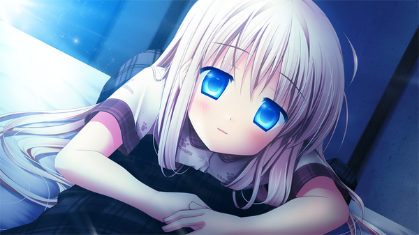 Аниме картинка 1280x720 с aqua (game) akizuki tsukasa длинные волосы румянец голубые глаза широкое изображение game cg белые волосы лоли девушка