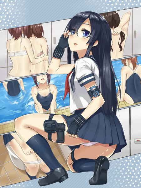 Anime picture 750x1000 with original heirou long hair tall image looking at viewer blush short hair open mouth blue eyes light erotic black hair brown hair sitting twintails multiple girls pleated skirt pantyshot kneeling 6+ girls poolside