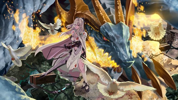 Anime picture 3200x1800 with drakengard zero (drag-on dragoon) usui no ken long hair highres breasts blonde hair red eyes wide image large breasts looking away cleavage girl gloves navel flower (flowers) ribbon (ribbons) weapon animal socks