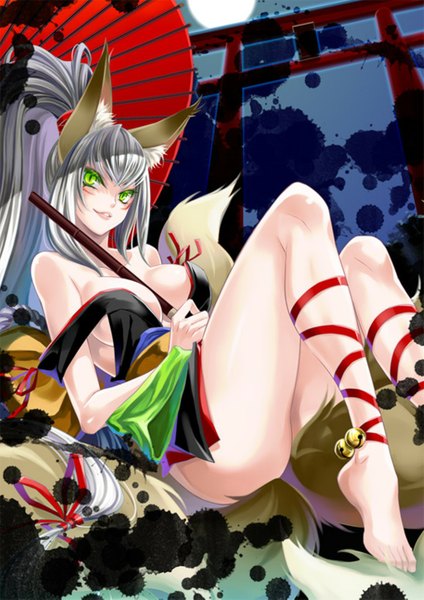 Anime picture 1028x1455 with original shidatsu takayuki single tall image breasts light erotic bare shoulders green eyes silver hair ponytail tail very long hair barefoot lips off shoulder tattoo facial mark fox tail between breasts multiple tails