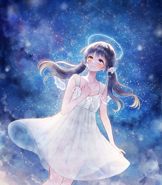 Anime picture 1255x1440 with original ginniroya single long hair tall image blush black hair standing twintails signed sleeveless heterochromia watermark looking up milky way girl dress wings white dress star (stars)