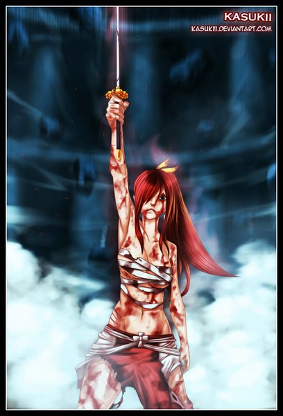 Anime picture 680x1000 with fairy tail erza scarlet kasukiii single long hair tall image fringe light erotic red eyes red hair hair over one eye armpit (armpits) torn clothes coloring smoke framed girl bow weapon hair bow