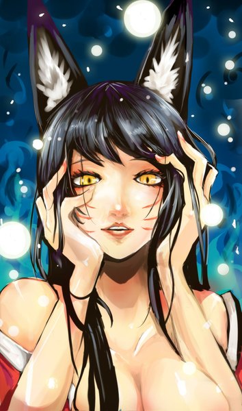 Anime picture 1182x2000 with league of legends ahri (league of legends) single long hair tall image open mouth black hair animal ears yellow eyes fox ears facial mark whisker markings girl