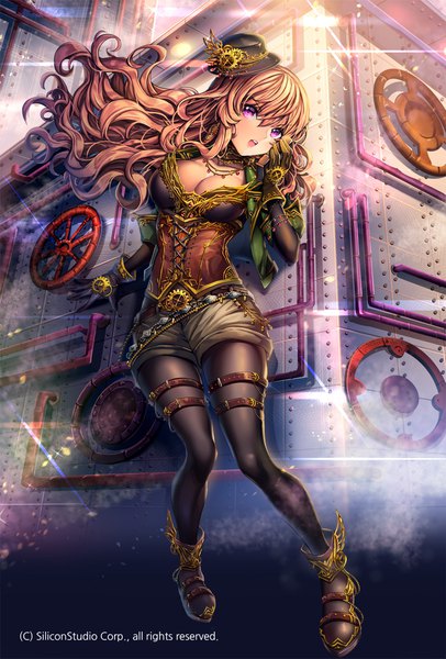 Anime picture 800x1181 with original ells (ellsat) single long hair tall image looking at viewer fringe breasts open mouth hair between eyes brown hair large breasts purple eyes cleavage full body open jacket teeth copyright name legwear under shorts steam punk