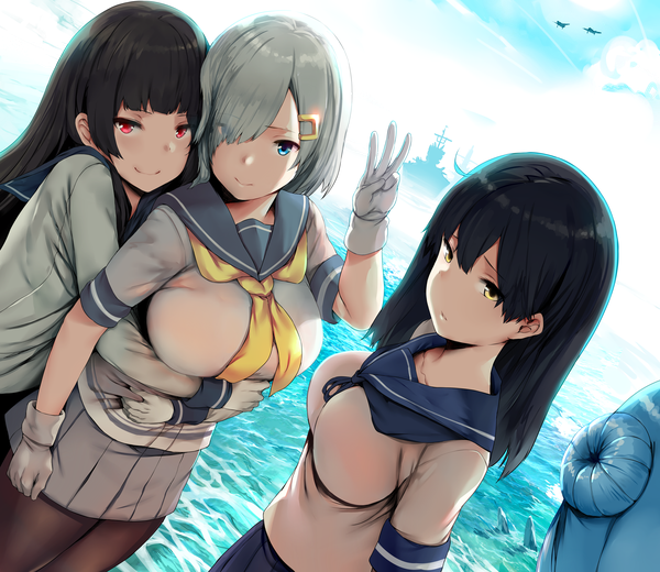 Anime picture 6000x5200 with kantai collection hamakaze destroyer isokaze destroyer ushio destroyer urakaze destroyer hews long hair looking at viewer fringe highres short hair breasts blue eyes light erotic black hair smile red eyes brown hair large breasts standing