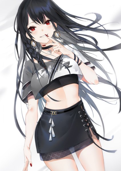 Anime picture 1000x1415 with original emyo single long hair tall image looking at viewer blush fringe black hair simple background smile hair between eyes red eyes white background braid (braids) nail polish midriff grin floating hair finger to mouth