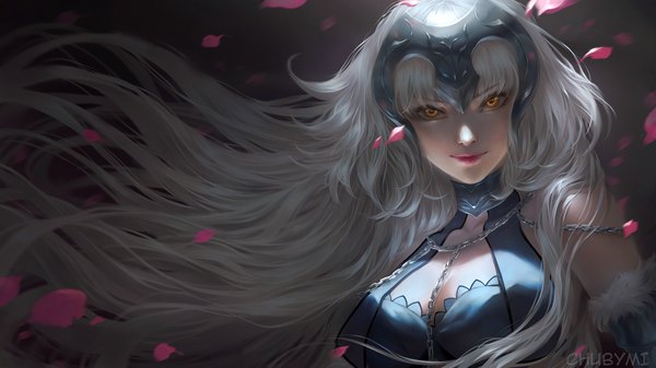 Anime picture 1920x1080 with fate (series) fate/grand order jeanne d'arc (fate) (all) jeanne d'arc alter (fate) jeanne d'arc alter (avenger) (third ascension) (fate) chubymi single long hair looking at viewer fringe highres wide image bare shoulders yellow eyes silver hair wind lips blurry realistic fur trim