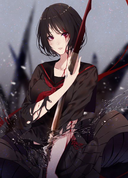 Anime picture 1800x2500 with original kisui single tall image looking at viewer blush fringe highres short hair black hair red eyes standing upper body parted lips pleated skirt blurry torn clothes blood on face girl skirt