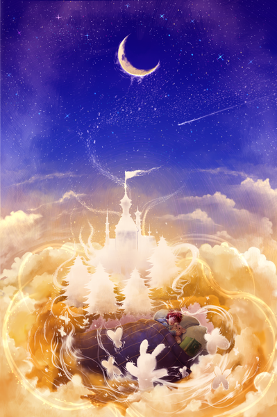 Anime picture 1024x1539 with original sarakrista (artist) tall image short hair brown hair sky cloud (clouds) red hair lying eyes closed night night sky hug sleeping crescent shooting star boy plant (plants) tree (trees) insect
