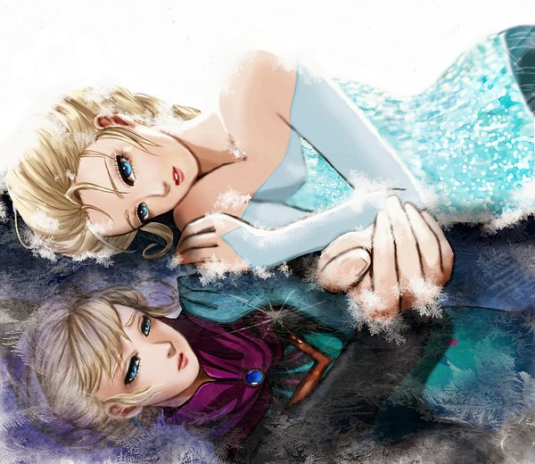 Anime picture 900x781 with frozen (disney) disney elsa (frozen) esther single blue eyes blonde hair bare shoulders lying braid (braids) sparkle single braid looking down on side reflection snow dual persona sad foreshortening different reflection