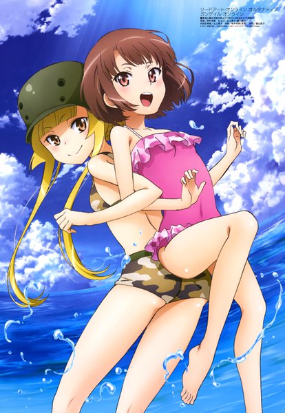 Anime picture 4094x5929 with sword art online sword art online alternative: gun gale online a-1 pictures megami magazine llenn (sao) fukaziroh (sao) nishimura rie long hair tall image looking at viewer highres short hair blonde hair smile brown hair multiple girls brown eyes absurdres sky cloud (clouds)