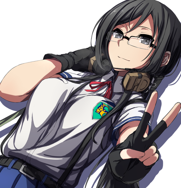 Anime picture 1067x1105 with original sblack single long hair tall image looking at viewer black hair simple background white background black eyes victory hand on headphones girl gloves shirt glasses headphones fingerless gloves