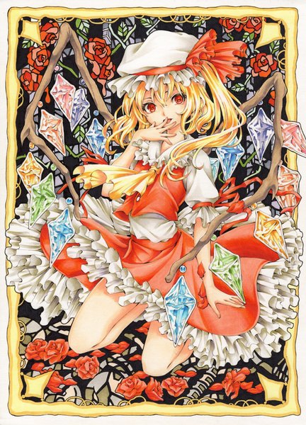 Anime picture 648x900 with touhou flandre scarlet olmatown single long hair tall image looking at viewer open mouth blonde hair hair between eyes red eyes one side up kneeling finger to mouth framed girl flower (flowers) petals wings frills