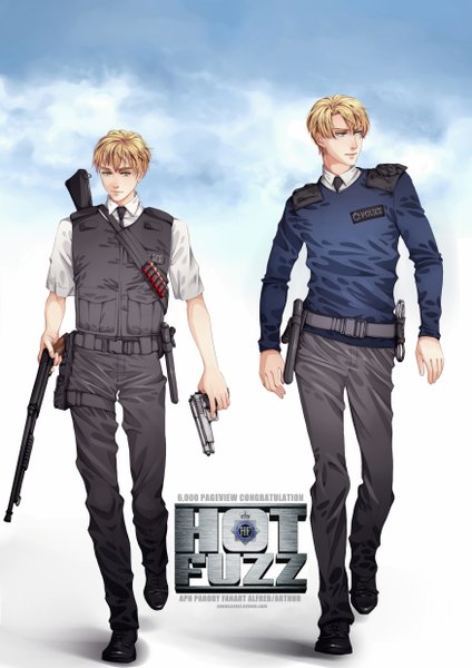 Anime picture 1752x2479 with axis powers hetalia studio deen united kingdom (hetalia) america (hetalia) snowcastel tall image highres short hair blue eyes blonde hair holding green eyes looking away sky cloud (clouds) multiple boys walking police boy uniform