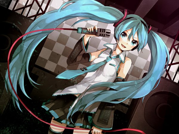 Anime picture 1000x750 with vocaloid hatsune miku tama (songe) single twintails very long hair aqua eyes aqua hair zettai ryouiki girl skirt detached sleeves miniskirt necktie headphones microphone