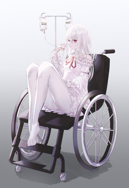 Anime picture 2735x4000 with original domi (hyaku8795) single long hair tall image looking at viewer fringe highres light erotic simple background red eyes sitting payot full body bent knee (knees) white hair off shoulder wide sleeves pantyshot no shoes