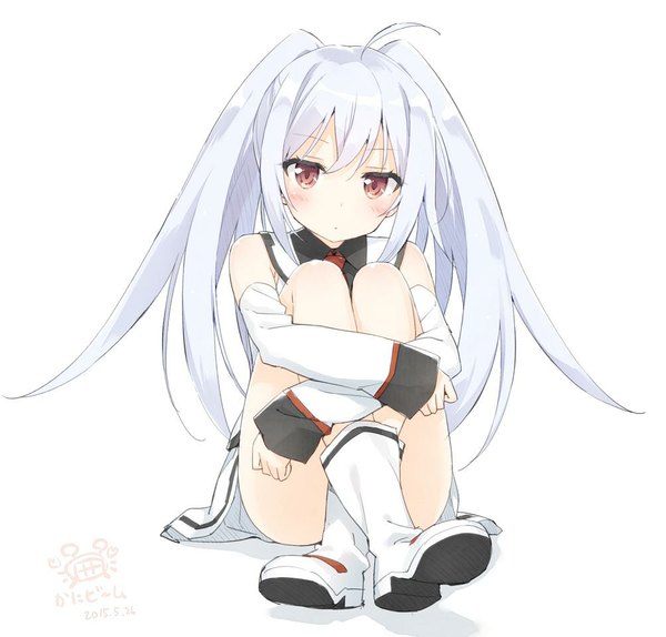 Anime picture 1003x960 with plastic memories isla (plastic memories) peko single long hair looking at viewer blush fringe simple background white background sitting twintails bare shoulders brown eyes ahoge bent knee (knees) ass :o crossed legs crossed arms
