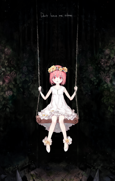 Anime picture 2100x3300 with original ozyako single tall image looking at viewer highres short hair sitting pink hair full body pink eyes text black background english expressionless girl dress flower (flowers) white dress wreath