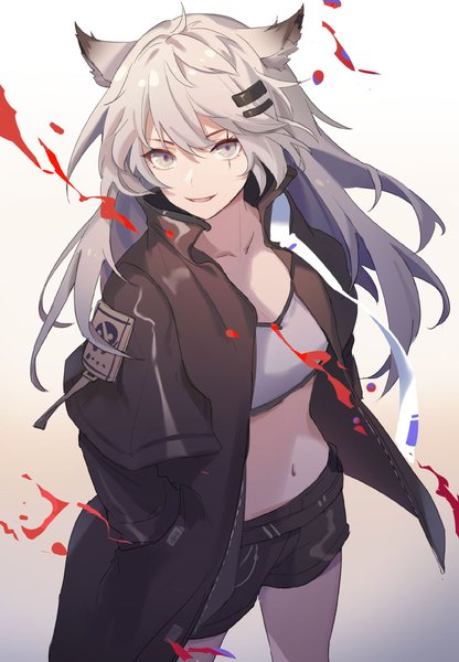 Anime picture 823x1187 with arknights lappland (arknights) hua ye single long hair tall image fringe open mouth simple background hair between eyes standing animal ears light smile grey hair open jacket grey eyes gradient background scar wolf ears hands in pockets