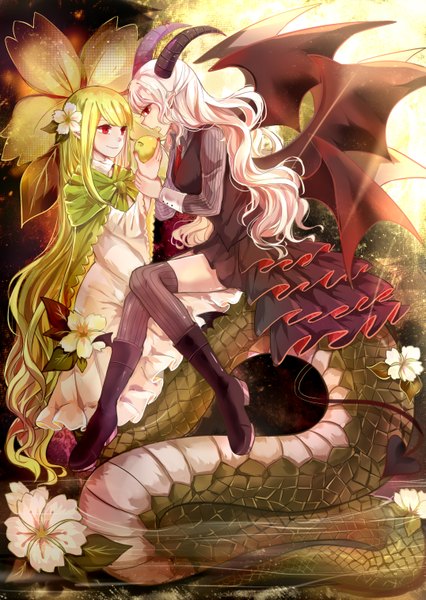 Anime picture 2149x3023 with haiiro teien xing huo long hair tall image blush highres open mouth blonde hair red eyes multiple girls white hair tail profile hair flower horn (horns) sparkle demon girl demon tail demon wings snake tail